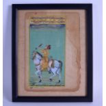 A 19TH CENTURY INDIAN ILLUMINATED MANUSCRIPT painted with a sultan upon a horse. 16 cm x 22 cm.
