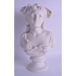 A 19TH CENTURY PARIAN WARE BUST OF A YOUNG FEMALE modelled with a ribbon within her hair. 37.5 cm