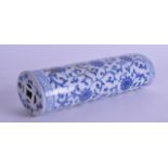 A CHINESE BLUE AND WHITE PORCELAIN SCROLL WEIGHT painted with scrolling vines. 15 cm wide.