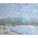 BRITISH SCHOOL, Framed Oil on Canvas, signed, Impressionist, figures in a river landscape. 20 cm x