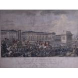 AN EARLY COLOURED FRAMED ENGRAVING, Scenes of France. 34 cm x 45 cm.