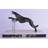 A FRENCH ART DECO BRONZE CHROME AND MARBLE FIGURE depicting a leaping borzoi. 36 cm wide.