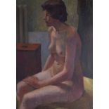 ENGLISH SCHOOL, Framed Oil on Canvas, nude study of a female caressing her inner thigh. 68 cm x 51.