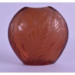 AN UNUSUAL LALIQUE AMBER GLASS VASE of flattened form, decorated with leaves. 11.25 cm high.