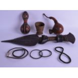 AN UNUSUAL AFRICAN COPPER MOUNTED KNIFE together with a gourd vase, a pipe, a small Zulu basket &