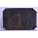 AN ANTIQUE COPPER SHOP SIGN entitled Miss G Kite Dress Maker. 34.5 cm x 21 cm.