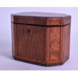 A SMALL GEORGE III FLAME MAHOGANY TEA CADDY with coromandel and ivory cover. 13 cm x 11 cm.