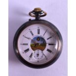 A GOOD 19TH CENTURY GUN METAL DOUBLE DIAL POCKET WATCH the front with calender aperture, the reverse