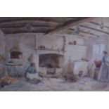 F E BOLT (British), Framed Watercolour, An old woman on her knees stoking the fire. 29 x 43 cm.