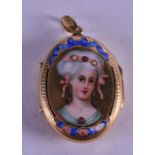 AN ANTIQUE YELLOW GOLD AND ENAMEL PENDANT painted with a female with a jewelled hair piece. 2.25