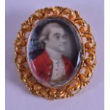 AN ANTIQUE PAINTED IVORY PORTRAIT MINIATURE depicting a male wearing a red jacket. 3 cm x 3.25 cm.