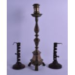 A PAIR OF 18TH CENTURY SPIRAL TWIST CANDLESTICKS together with a large early stick. 18 cm & 46 cm