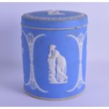 A LARGE 19TH CENTURY JASPERWARE BISCUIT BARREL AND COVER decorated with classical figures 18 cm