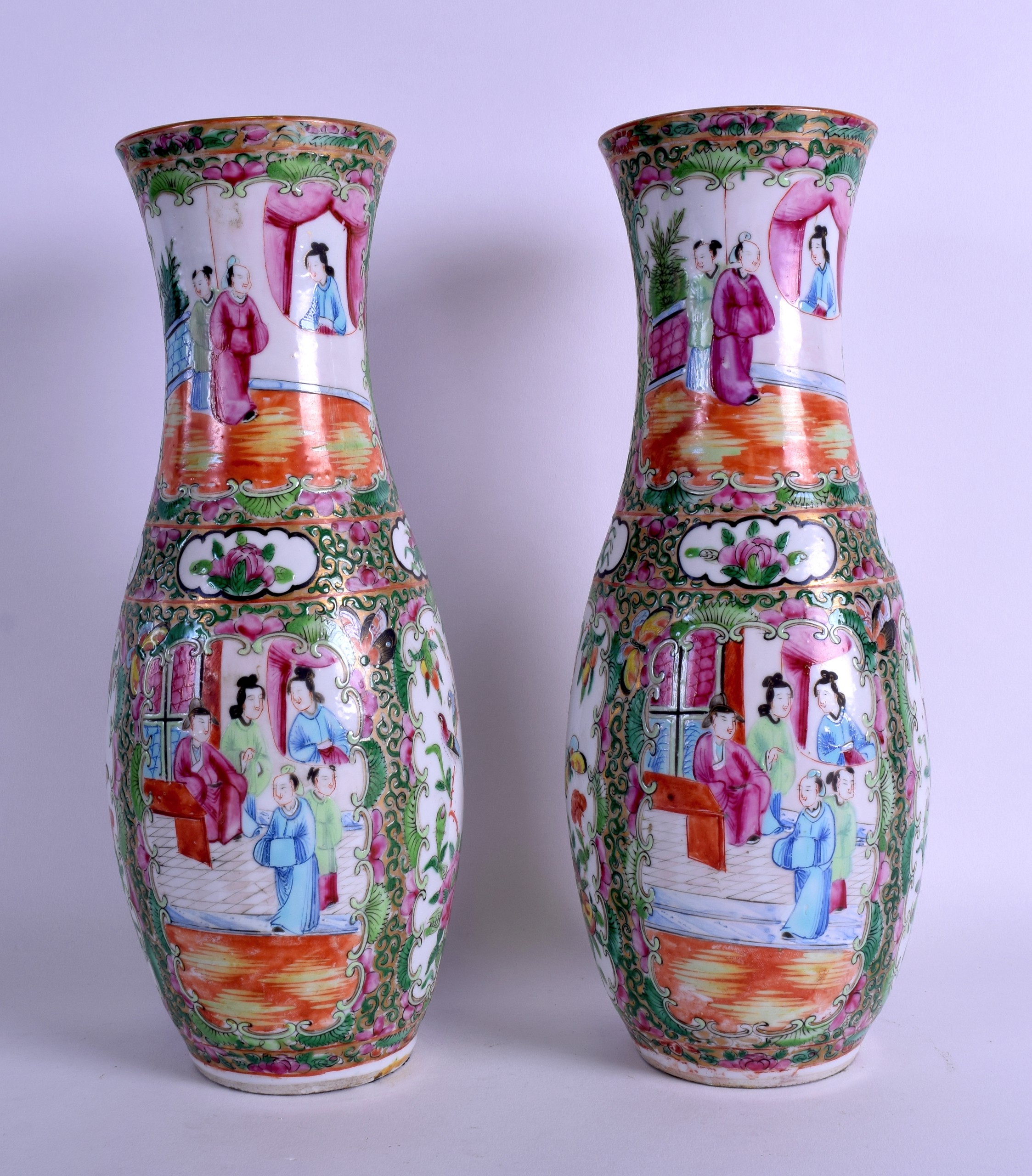 A PAIR OF 19TH CENTURY CHINESE CANTON FAMILLE ROSE VASES painted with figures and birds within - Image 2 of 3