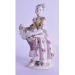 18th c. Bow good figure of a girl flower seller holding a bucket of flowers and more flowers in