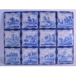 A SET OF TWELVE 18TH CENTURY DELFT BLUE AND WHITE TILES painted with various scenes including boats,