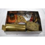 A COLLECTION OF VARIOUS MILITARY BRASS WARE including WWII tins, shells, buttons etc. (qty)