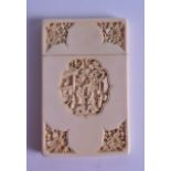 A MID 19TH CENTURY CHINESE CANTON CARVED IVORY CARD CASE AND COVER decorated with panels of