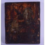 A RUSSIAN LACQUERED AND PAINTED WOODEN ICON depicting a male on horseback. 20 cm x 24 cm.