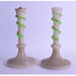 A PAIR OF EARLY 20TH CENTURY VENETIAN FROSTED GLASS CANDLESTICKS overlaid with a uranium green and