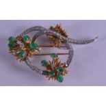 A FINE 18CT YELLOW GOLD EMERALD AND DIAMOND BROOCH. 24.7 grams. 7 cm wide.