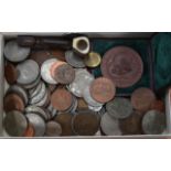 A BOXED 19TH CENTURY MEDALLION, together with various coinage. (qty)