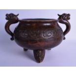 A LARGE EARLY 20TH CENTURY CHINESE TWIN HANDLED BRONZE CENSER bearing Xuande marks to base,