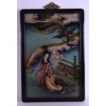 AN EARLY 20TH CENTURY CHINESE REVERSE PAINTED GLASS MIRROR painted with a female playing an
