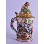 A GOOD 19TH CENTURY ITALIAN NAPLES PORCELAIN TANKARD with lion finial, decorated with hunting