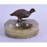 A SMALL LATE 19TH CENTURY AUSTRIAN COLD PAINTED BRONZE ASHTRAY modelled as a pheasant upon an onyx