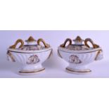 A PAIR OF EARLY 20TH CENTURY CONTINENTAL ECUELLES AND COVERS with mask head mounts, decorated with