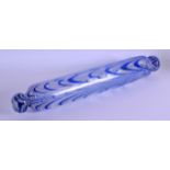 AN ANTIQUE NAILSEA GLASS ROLLING PIN with blue swirling decoration. 41.5 cm long.