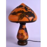 A CAMEO CUT GLASS MUSHROOM LAMP After Galle, carved with fruiting vines and dragon flies. 42 cm