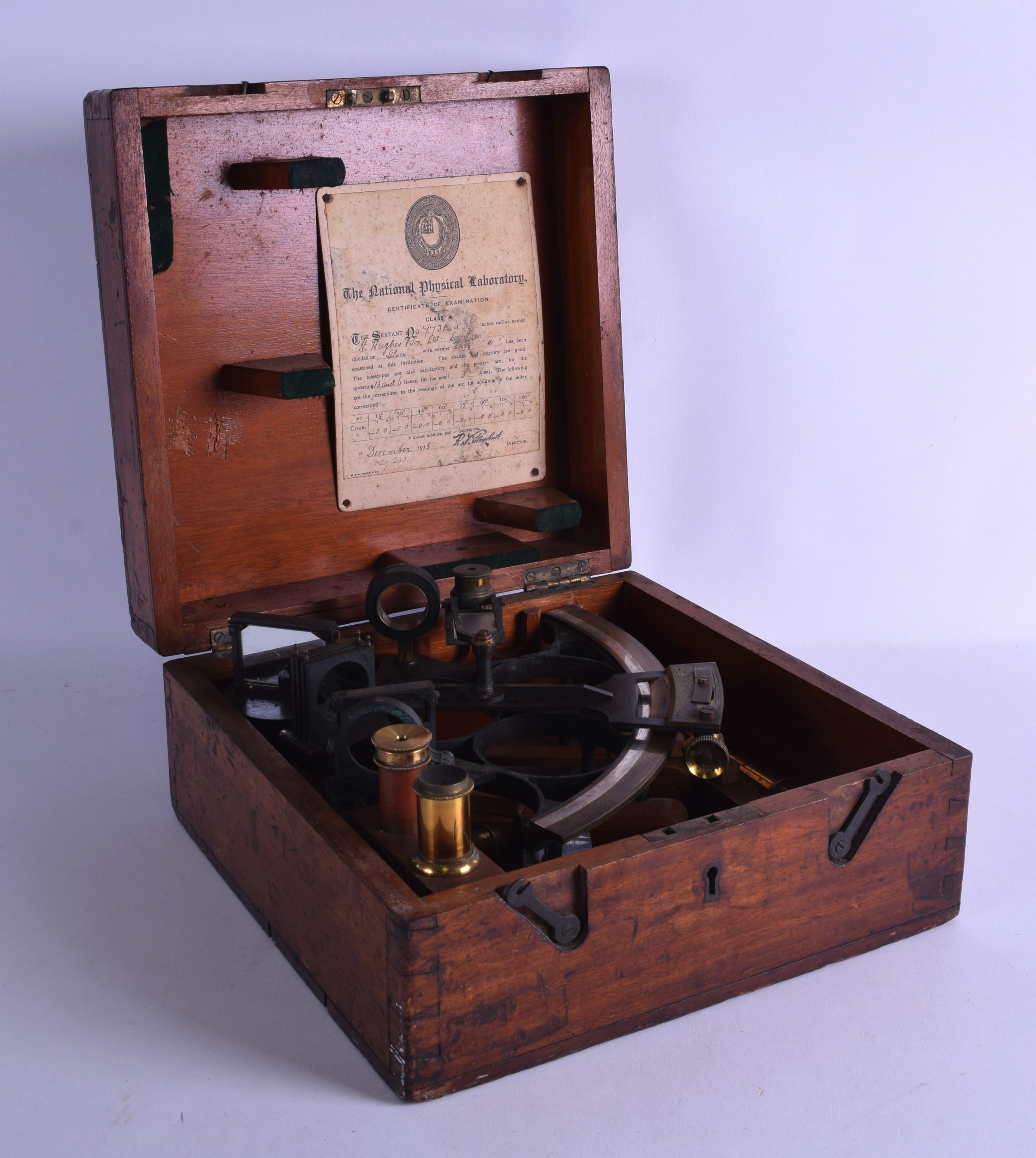 AN ANTIQUE H HUGHES & SON CASED SEXTANT. Sextant 19 cm x 21 cm.