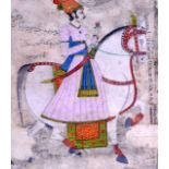 A 19TH CENTURY INDIAN MANUSCRIPT WATERCOLOUR depicting a male upon a horse. 22 cm x 27 cm.