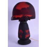 AN ART NOUVEAU FRENCH MULLER FRERES CAMEO GLASS MUSHROOM LAMP decorated with extensive landscapes.