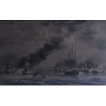 FRAMED VICTORIAN PRINT, Maritime battle scenes. 38 cm x 60 cm.