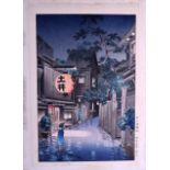 A 19TH CENTURY JAPANESE MEIJI PERIOD WOOD BLOCK PRINT depicting a single geisha upon a walk way.