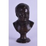 A SMALL 19TH CENTURY FRENCH BRONZE BUST OF A HOWLING CHILD modelled upon a circular plinth, signed