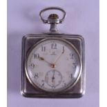 AN ANTIQUE SILVER OMEGA SQUARE FORM POCKET WATCH the reverse decorated with a golfer. 4.75 cm