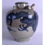 A CHINESE QING DYNASTY CRACKLE GLAZED BULBOUS STONEWARE EWER painted with a bold stylised dragon