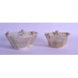 AN IRISH BELEEK RETICULATED PORCELAIN TREFOIL BASKET together with another trefoil shaped basket. 14