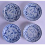 A SET OF FOUR CHINESE CA MAU CARGO SAUCERS painted with a spotted deer within a landscape. 12.5 cm