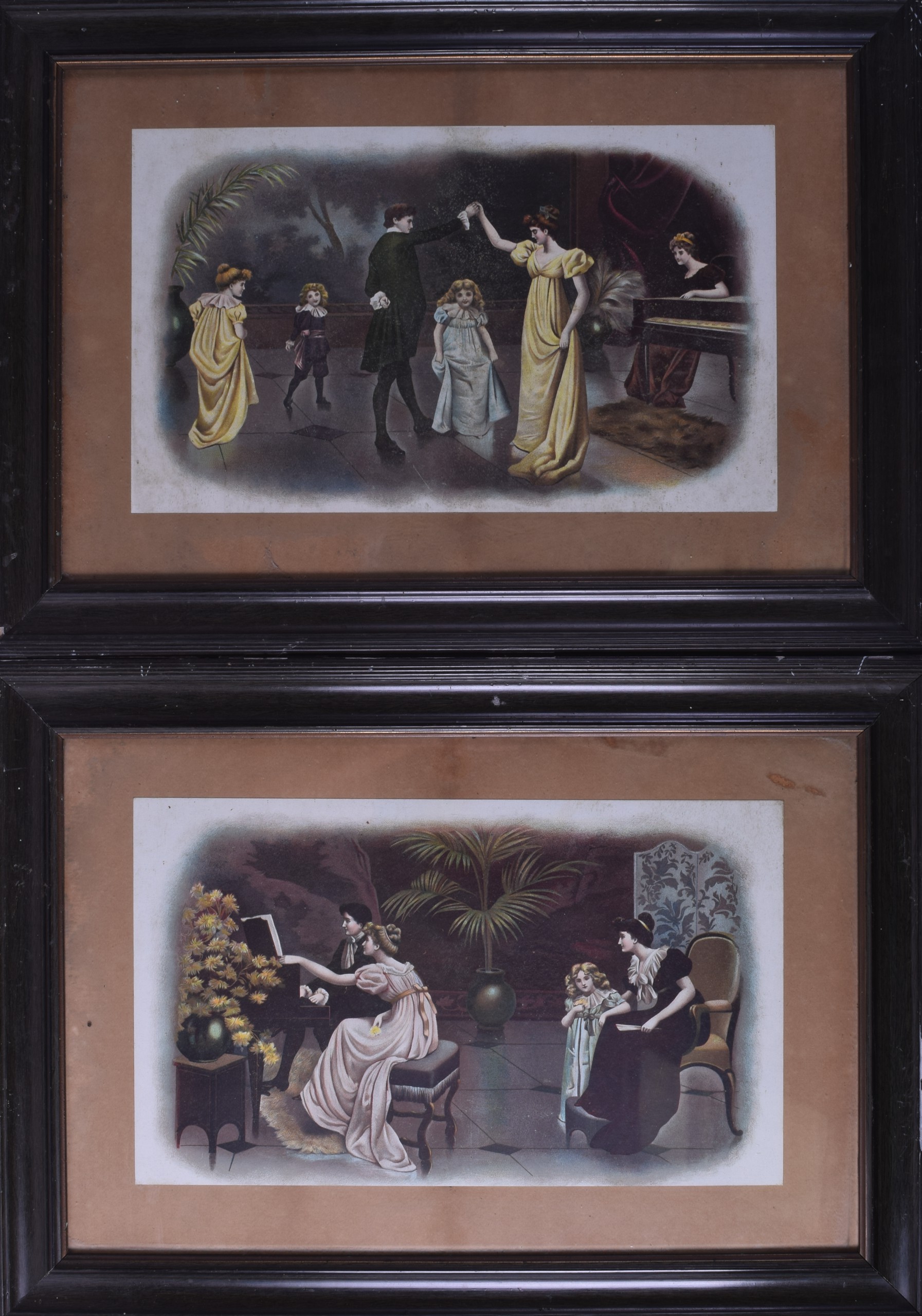 VICTORIAN PRINTS, A Framed Pair, figures in interiors. 20 cm x 39 cm.