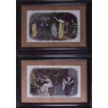 VICTORIAN PRINTS, A Framed Pair, figures in interiors. 20 cm x 39 cm.