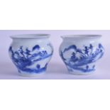 A PAIR OF CHINESE CA MAU CARGO BLUE AND WHITE JARLETS painted with landscapes. 8.5 cm wide.