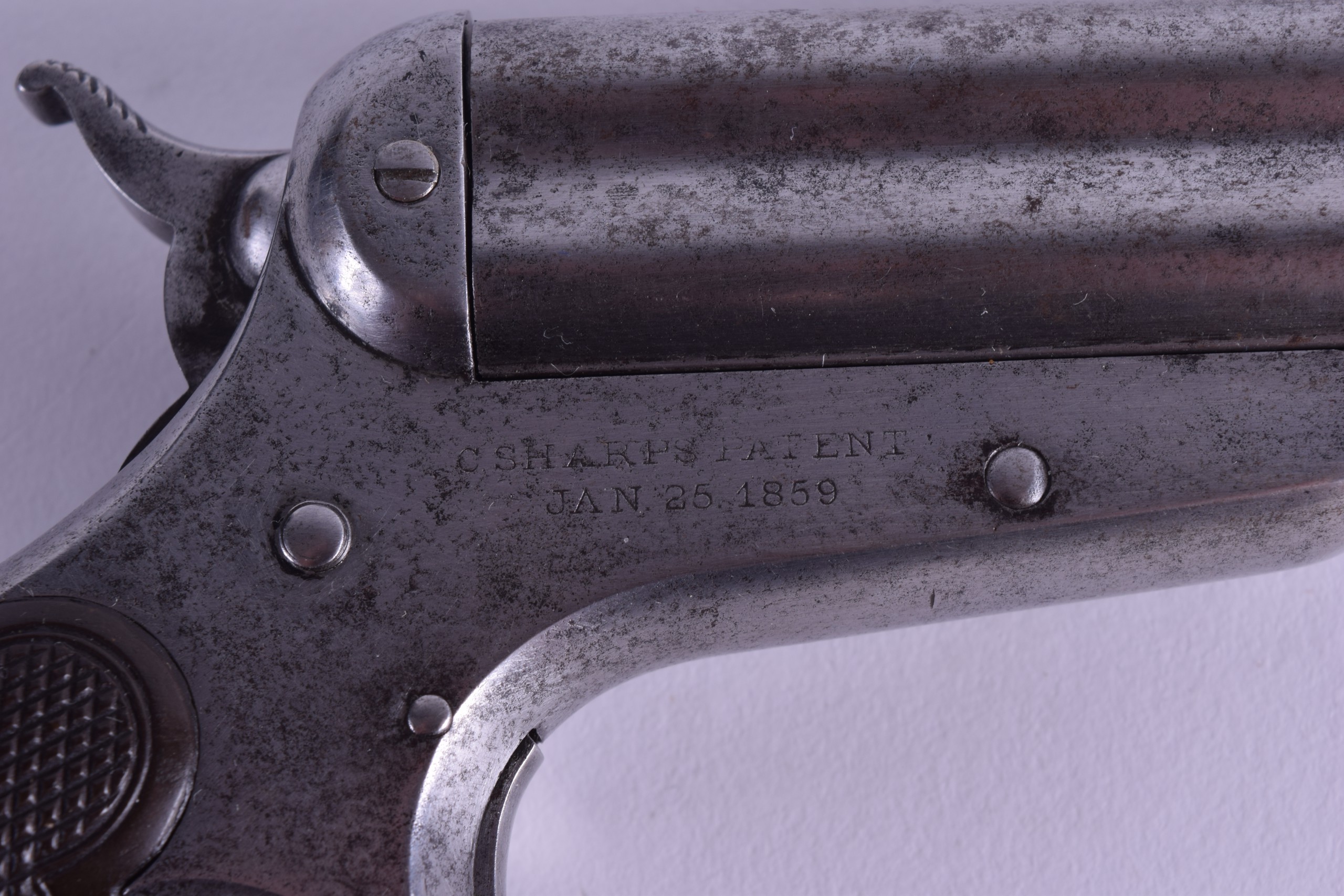 A MID 19TH CENTURY SHARPS PATENT FOUR BARREL PERCUSSION PISTOL January 25th 1859. 15 cm x 9.5 cm. - Bild 2 aus 4