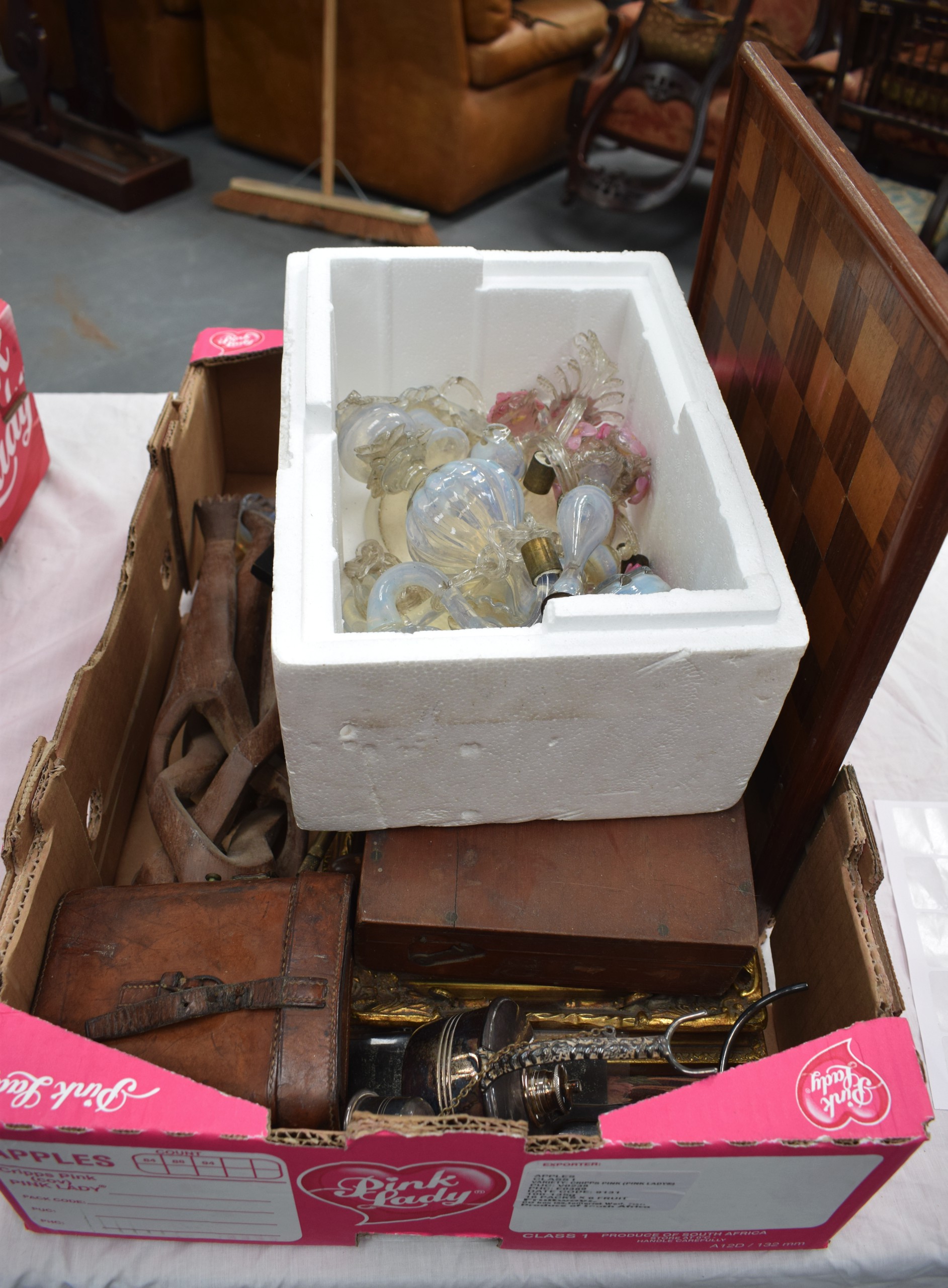 A BOX OF ASSORTED VENETIAN LIGHT FITTINGS a Chess Board etc. (qty)