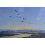 AFTER PETER SCOTT (British), Framed Print, geese in flight. 26 cm x 37 cm.