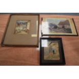 AN ANTIQUE CONTINENTAL WATERCOLOUR together with another watercolour & a print. (3)